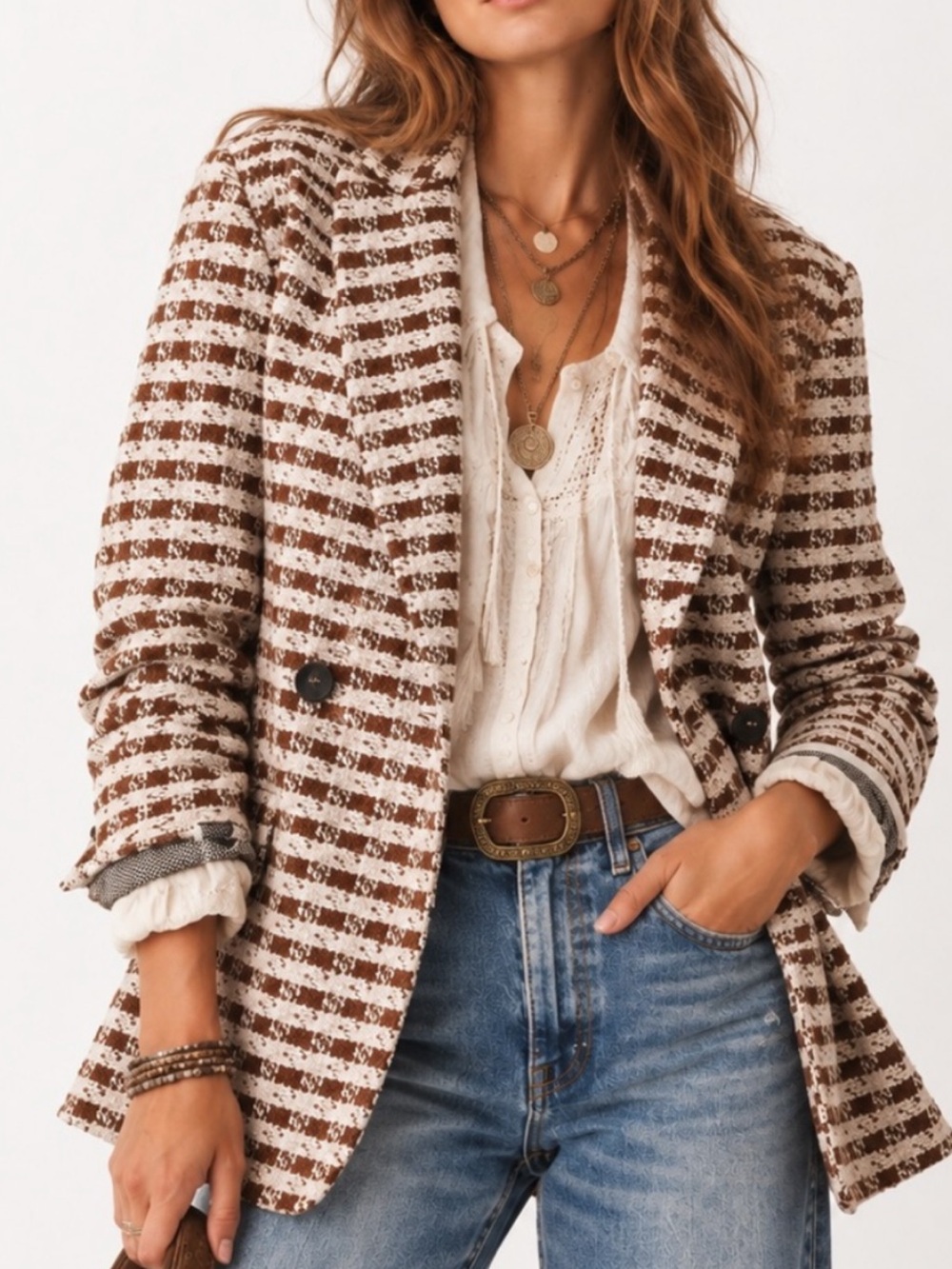 Women’s Brown & Cream Checked Tweed Blazer